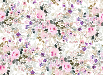 Seamless summer pattern with watercolor flowers handmade.