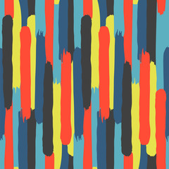 Strips of paint. Abstract colorful background. Seamless vector pattern. Red, yellow, blue, black vertical stripes. Endlessly repeating pattern for a background, wallpaper, cards and presentations.