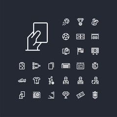 Hand holding card icon in set on the black background. Soccer / football linear icons to use in web and mobile app.