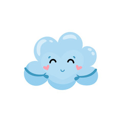 Obraz na płótnie Canvas Blue cloud with little hands, charming face and hearts on cheeks. Cartoon weather character. Flat vector element for mobile meteorology app or social network sticker