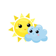 Cartoon yellow sun and blue cloud with kawaii faces. Cute weather and sky element. Flat vector design for mobile app, sticker, children t-shirt print