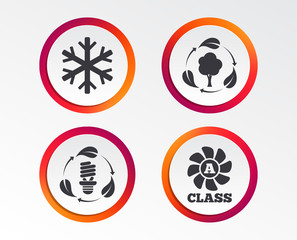 Fresh air icon. Forest tree with leaves sign. Fluorescent energy lamp bulb symbol. A-class ventilation. Air conditioning symbol. Infographic design buttons. Circle templates. Vector