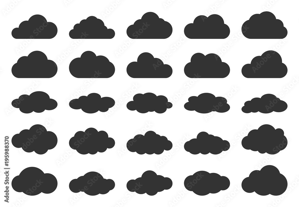 Wall mural     Clouds silhouettes. Vector set of clouds shapes. Collection of various forms and contours. Design elements for the weather forecast, web interface or cloud storage applications. - Wall murals