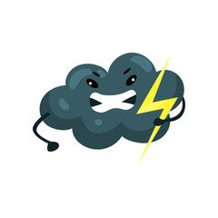 Obraz premium Stormy dark cloud with yellow flash in hand. Emoji with angry face. Weather and sky element. Cartoon flat vector design for sticker, mobile app or print