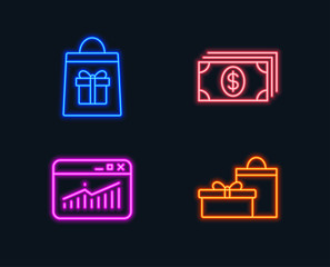 Neon lights. Set of Holidays shopping, Website statistics and Banking icons. Gifts sign. Gifts bag, Data analysis, Money payment. Birthday boxes.  Glowing graphic designs. Vector