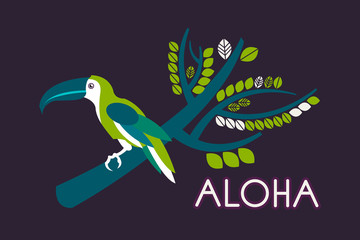 Toucan sitting on a branch with green leaves. The inscription 