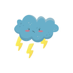 Little angry cloud with yellow lightning bolts. Funny weather and sky element. Flat vector design for mobile game, print, sticker or children book