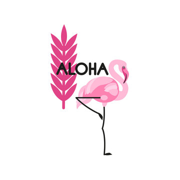 Flamingo label and tropical leaf. The inscription "Aloha". Vector illustration.