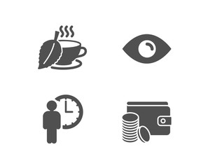 Set of Mint tea, Waiting and Eye icons. Payment method sign. Mentha beverage, Service time, View or vision. Wallet with coins.  Quality design elements. Classic style. Vector