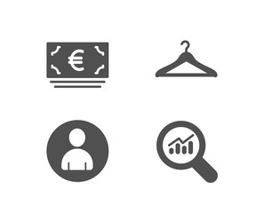 Set of Euro currency, Avatar and Cloakroom icons. Data analysis sign. Eur banking, User profile, Hanger wardrobe. Magnifying glass.  Quality design elements. Classic style. Vector