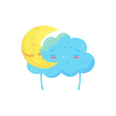 Sweetly sleeping yellow crescent and blue cloud. Cartoon weather sticker. Colorful flat vector element for children book, emoji or decoration print
