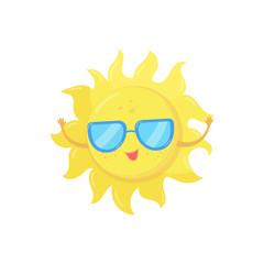 Cartoon character of yellow sun in sunglasses. Funny weather and sky element. Flat vector design for mobile app, t-shirt print, sticker or greeting card