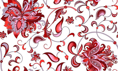 seamless pattern with  gray  and red flowers 