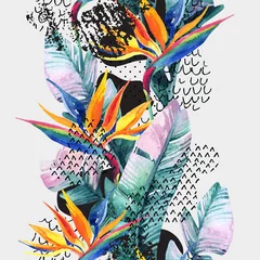 Deurstickers Exotische bloemen, bladeren, gladde bochtvorm gevuld met doodle, minimaal, grunge-textuur © Tanya Syrytsyna