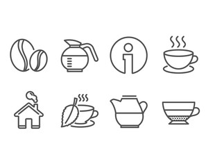 Set of Coffee beans, Cappuccino and Milk jug icons. Mint tea, Coffeepot and Americano signs. Whole bean, Espresso cup, Fresh drink. Mentha beverage, Brewed coffee, Beverage cup. Vector