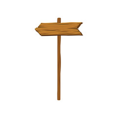 Brown wooden board in shape of arrow. Direction sign. Road signboard pointing to the left. Icon of signpost. Natural texture. Detailed vector element