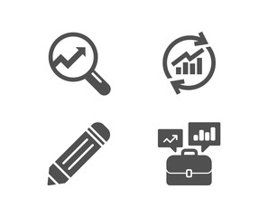 Set of Update data, Analytics and Pencil icons. Business portfolio sign. Sales statistics, Audit analysis, Edit data. Job interview.  Quality design elements. Classic style. Vector