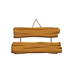 Old hanging wooden signboard. Brown textured boards. Two planks connected by chains. Sign with place for your messages. Organic material. Detailed vector illustration