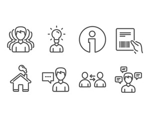 Obraz na płótnie Canvas Set of Group, Parcel invoice and Communication icons. Person talk, Education and Conversation messages signs. Headhunting service, Delivery document, Users talking. Communication message, Human idea