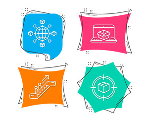 Set of Logistics network, Online delivery and Escalator icons. Parcel tracking sign. International tracking, Elevator, Box in target.  Flat geometric colored tags. Vivid banners. Trendy graphic design