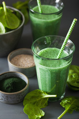 green spinach smoothie with spirulina, chia seed, lime, apple