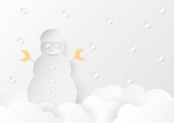 Snowman on the cloud with falling snow. Flat and paper craft design on white and grey background.