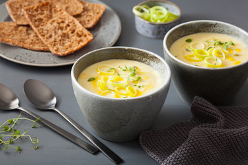 creamy potato and leek soup in bowl