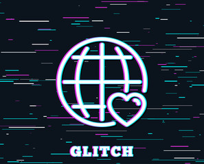 Glitch effect. International Love line icon. Heart with Globe symbol. Valentines day sign. Background with colored lines. Vector