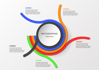Infographic element with flat art circle and colorful line curve. Text on white and grey background.