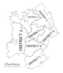 Modern City Map - Charlotte North Carolina city of the USA with boroughs and titles outline map