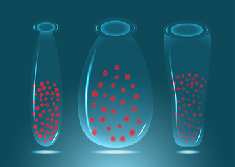 Red blood cell in transparent glass bottle on dark blue background. Science graphic for education of school and university.