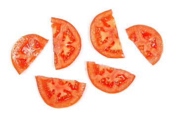 Fresh red tomato slices isolated on white background, top view