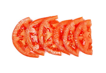 Fresh red tomato slices isolated on white background, top view