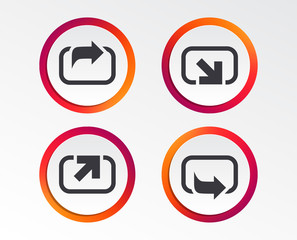 Action icons. Share symbols. Send forward arrow signs. Infographic design buttons. Circle templates. Vector