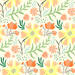 Fototapeta na wymiar Bright red and orange floral summer seamless pattern. Tender light hand drawn texture with cute flowers, leaves, waterdrops for textile, wrapping paper, print design, wallpaper, surface