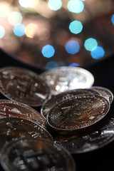 Solid gold  bitcoin with blue blackground