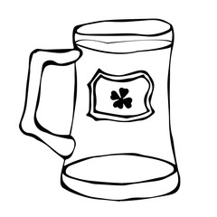Green Beer St. Patricks Day Symbol Glass with Splash of Alcoholic Drink. Saint Patricks Day Ireland Vector Illustration Hand Drawn. Savoyar Style Doodle.