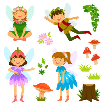 Cute cartoon fairies with mushrooms and other decorative elements