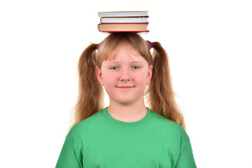 Girl with book on white background.Good mood.