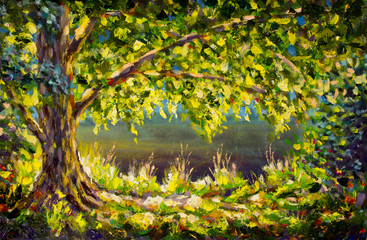 Großer grüner Baum des sonnigen Frühlings, hohes Gras in der Sonne. Sommerlandschaft. Ölgemälde, florale Kunstwerke des Impressionismus. Spachtelkunst.