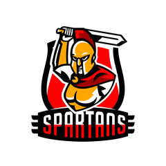 Emblem, logo, badge, Spartan with a sword. Ancient Greek warrior, gold armor, hoplite, Corinthian helmet, soldier, shield. Vector illustration
