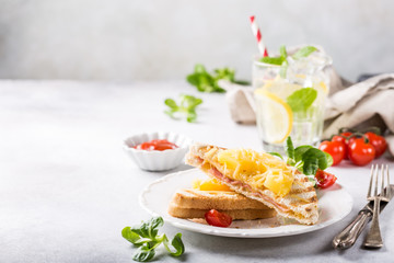 Hot fresh hawaii toast sandwich with ham, pineapple, tomato and cheese. Healthy summer food concept with copy space.