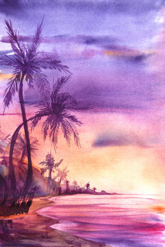 Real watercolor sketchy coastline with palm trees during sunset. Hand drawn landscape background.