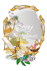 Summer background with tropical palms and flowers. Vector illustration design.
