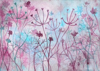 Decorative meadow with abstract herbs in pink blue colors. Watercolor hand drawn illustration