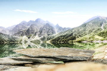 Fototapeta na wymiar table background with lake landscape 
