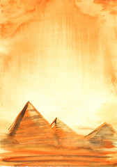 Fototapeta na wymiar Real Watercolor sketch of Egyptian Pyramids on a golden sandy sky. Hand drawn landscape background.