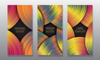 Luxury packaging design. Set of colorful labels templates for trendy goods. Holographic backgrounds with volumetric black frames.