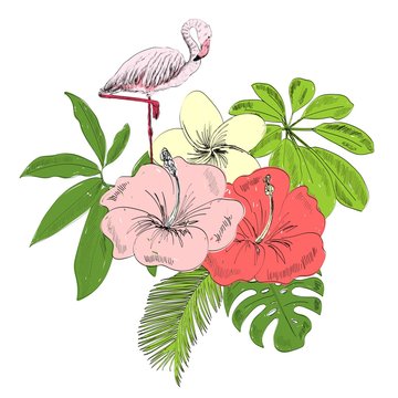 Tropical vector illustration with flamingo and flowers.