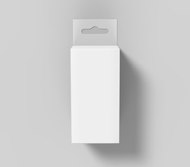 Hanging white blank cardboard packaging box with hang tab retail box for mock up design and design presentation. 3d render illustration.
